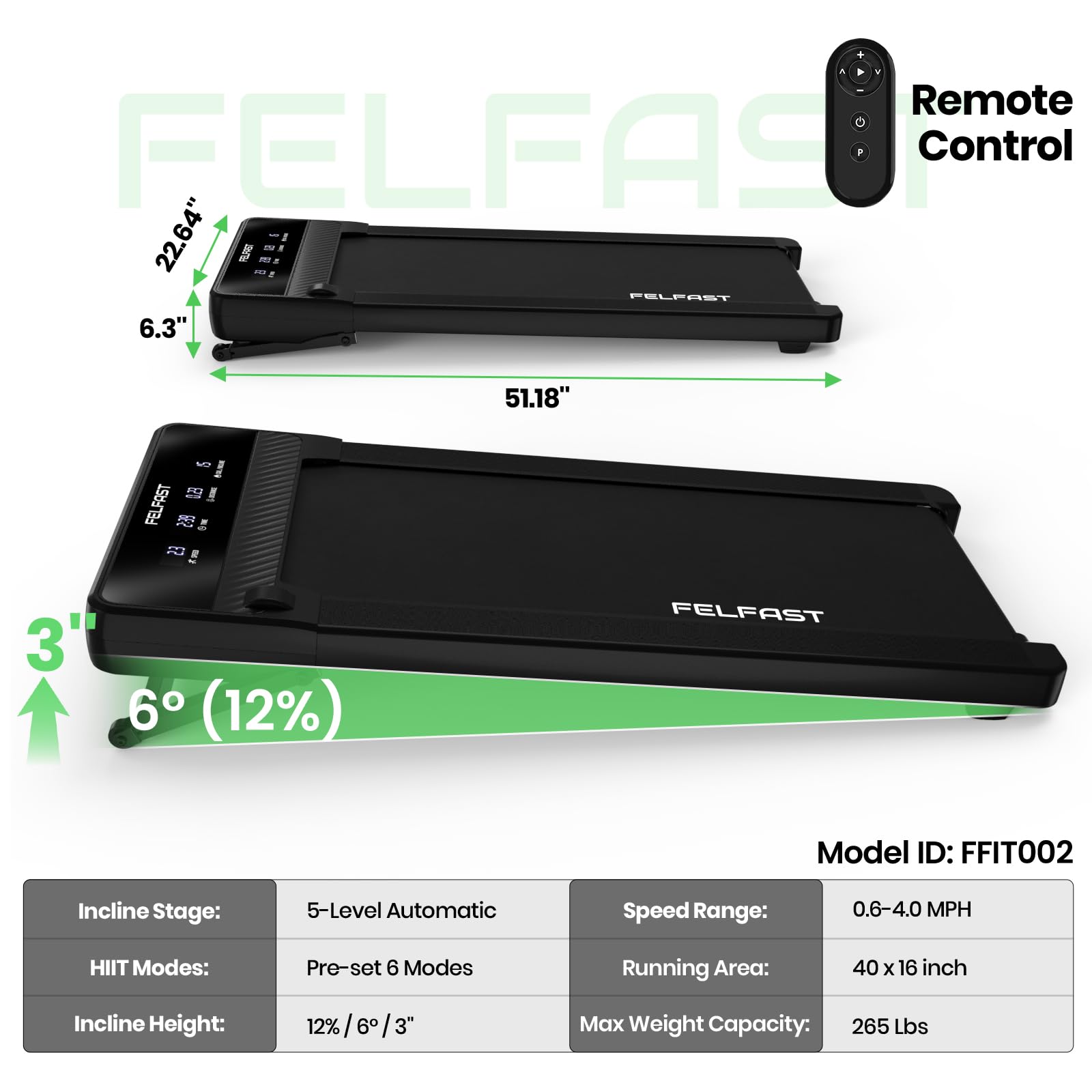 FelFast Walking Pad with 12% 6° Auto Incline, Under Desk Treadmill for Home Office w/Remote Control, 6 HIIT Mode, 265 Lbs Weight Capacity, 4 MPH Max, Desk Treadmill in LED Display, Black