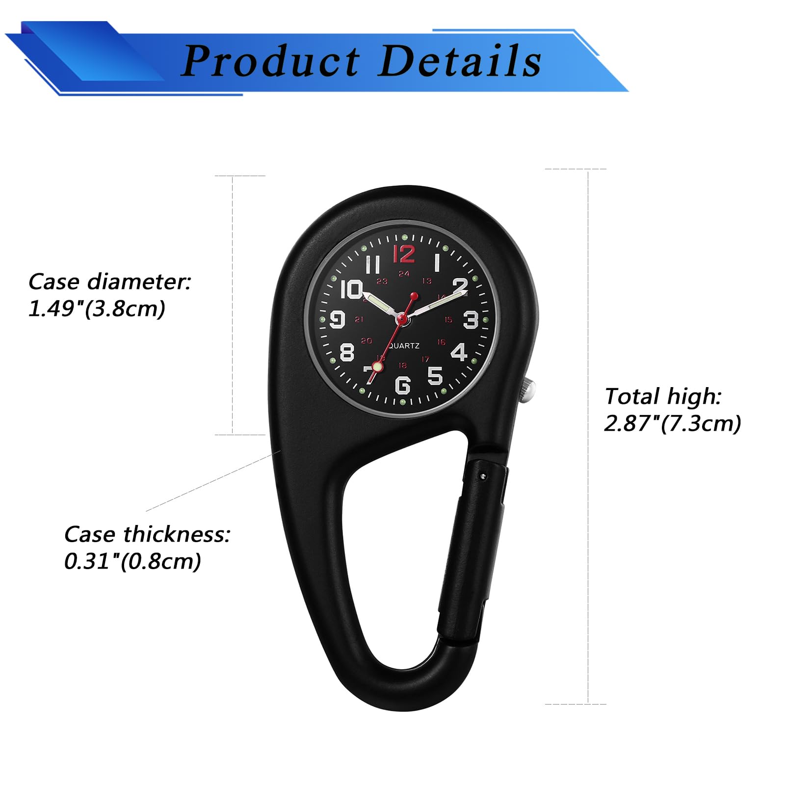 Ibohevo Luminous Clip Fob Watch: Men Women Black Analog Quartz Glow in The Dark Doctors Nurses Outdoor Waterproof Carabiner Watches