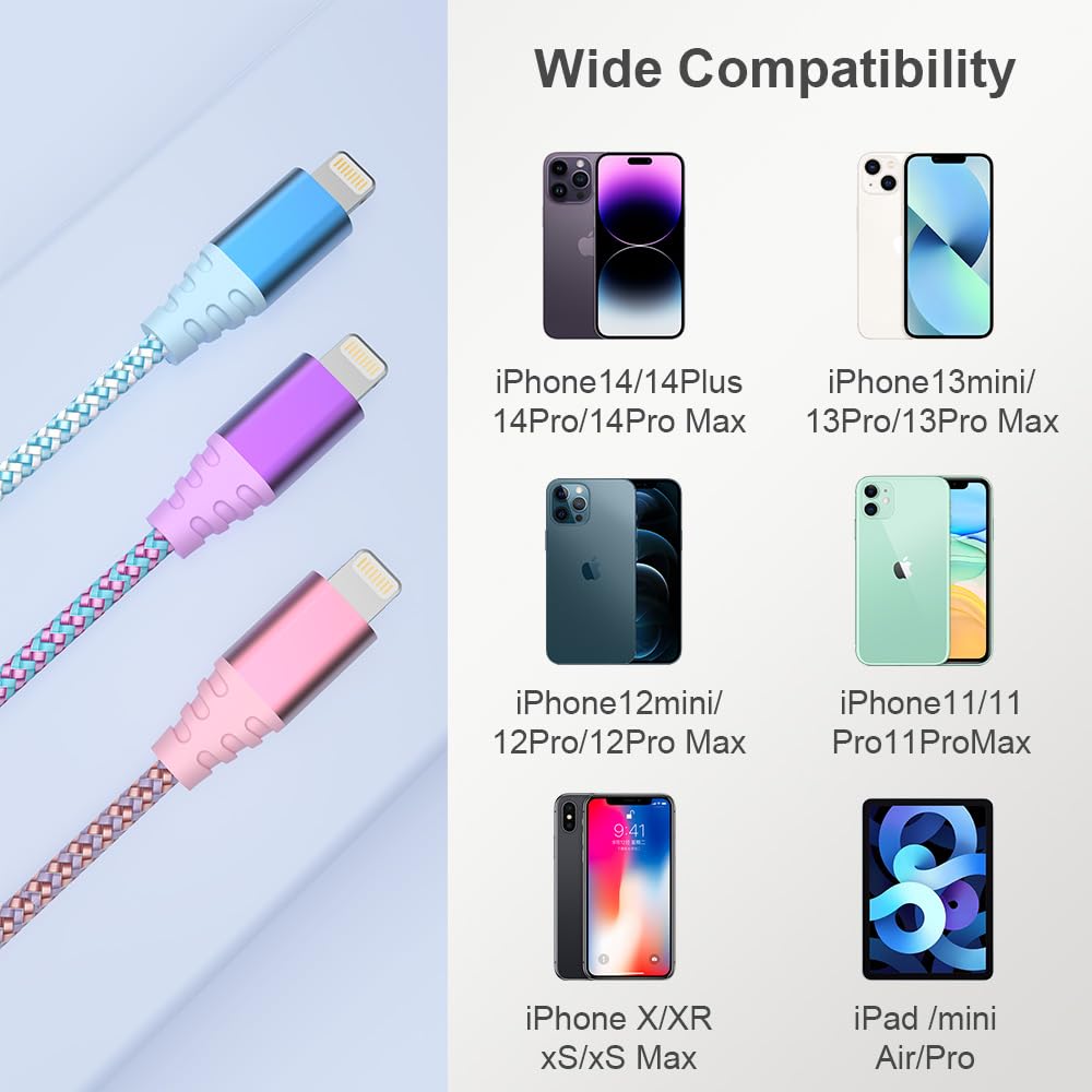 Newest iPhone Charger 3pack 6ft Apple MFi Certified Fast Charging Lightning Cable Nylon Braided iPhone Charger Cord Compatible with iPhone 14/13/12/11 Pro Max/XS MAX/XR/XS/X/8/7 Plus iPad AirPods