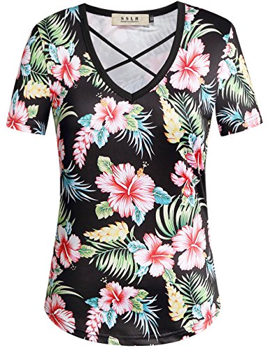 SSLR Womens V Neck T Shirts Criss Cross Printed Tee Short Sleeve T Shirt for Women (X-Small, Black (1088))