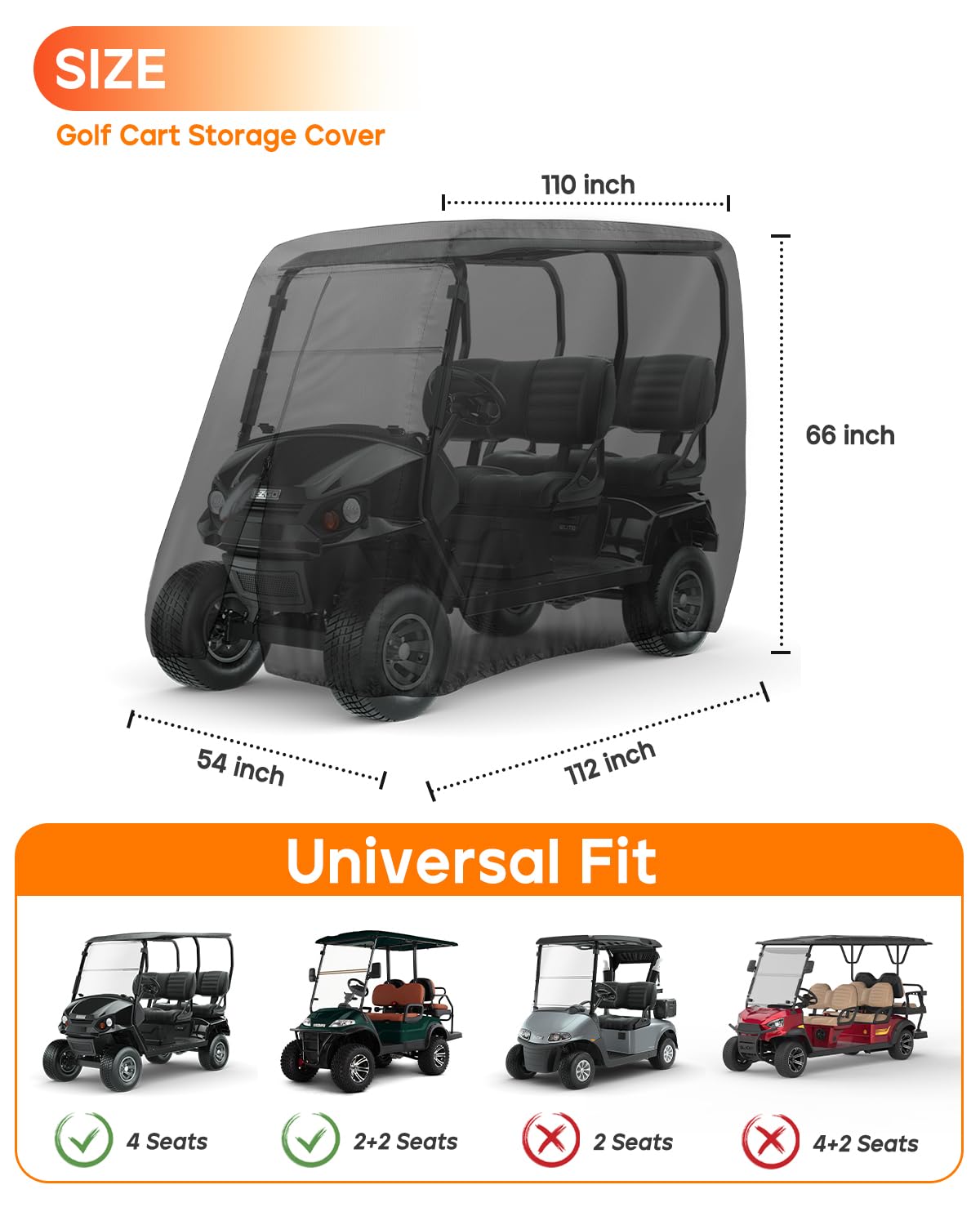 Golf Cart Cover 4 Passenger Heavy Duty, 420D Waterproof Golf Cart Covers Extended Roof Compatible with EZ GO Club Car Yamaha Golf Carts, Outdoor Dustproof 4 Seat Club Car Cover (Up to 112 Inch)