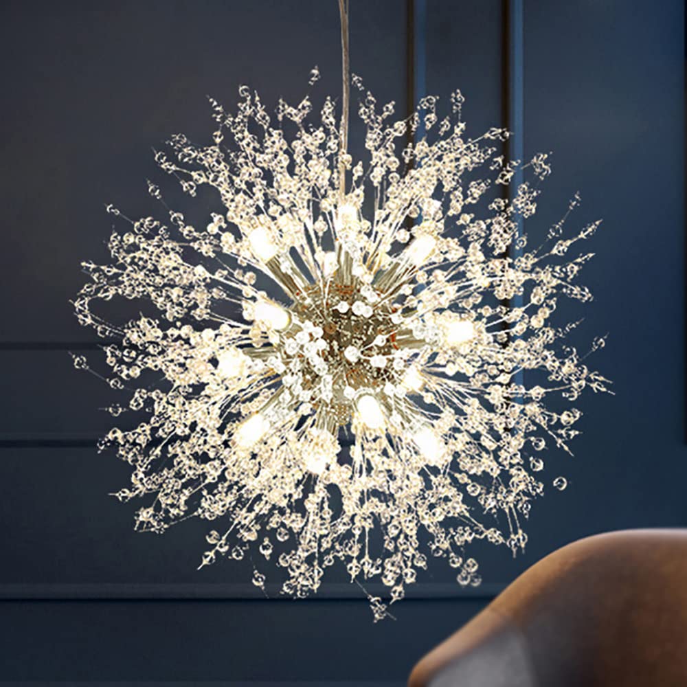 Mivenda Modern Crystal Chandeliers 12-Light Chrome Dandelion Light Fixture,Firework Chandelier,Personalized Ceiling Hanging Lighting for Bedroom,Dining Room,Kitchen,Living Room Chandelier