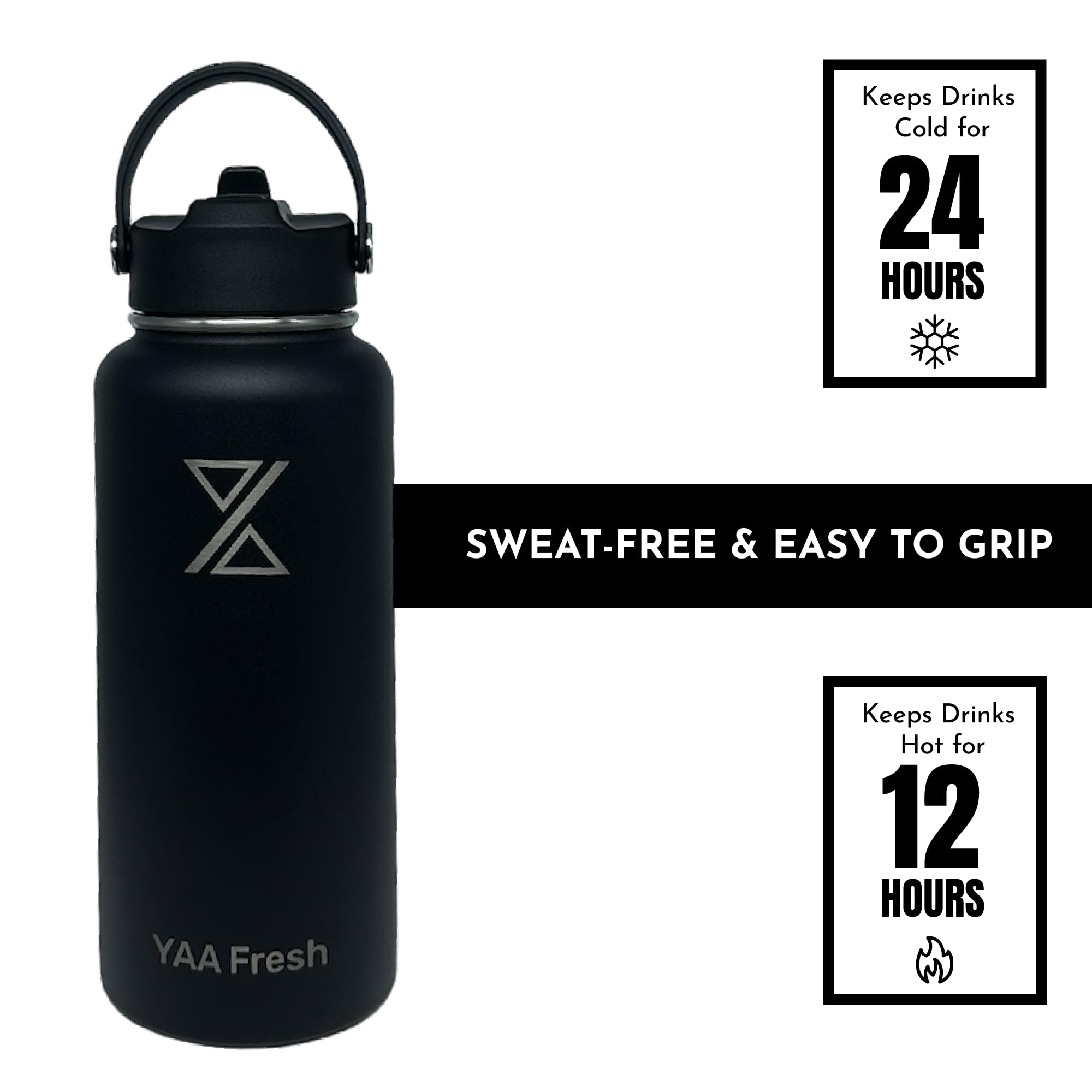 Yaa Fresh 32Oz BPA-Free 24 Hr Cold/12 Hr Hot Insulated Stainless Steel Sports Water Bottle with Straw and Lid, Food-grade Double Walled, Leakproof, Insulated Thermos, Wide Mouth for Men, Women & Kids