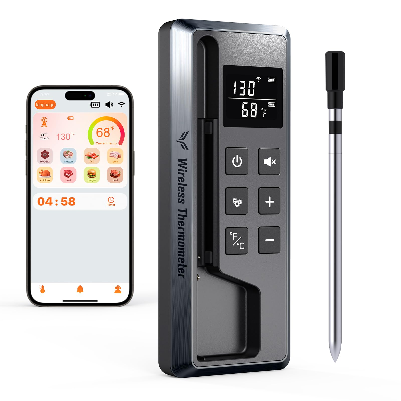 Paneceia Wireless Meat Thermometer Digital, 800FT Long Range Bluetooth Cooking Thermometer, Food Thermometer for Remote Monitoring of Grill, Oven, Smoker, Air Fryer, Rotisserie, iOS & Android App