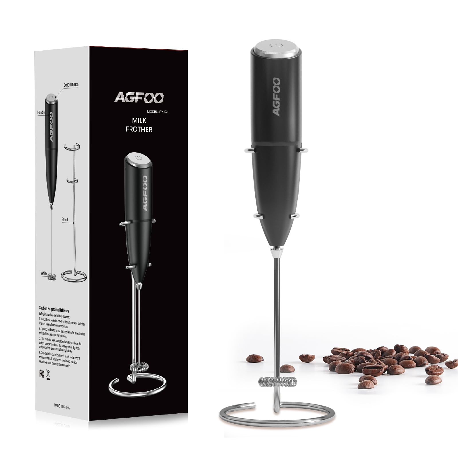 Milk Frother Handheld for Coffee with Stand - AGFOO hand frother wand, Electric whisk Drink Mixer Mini Foamer for Cappuccino, Frappe, Matcha, Hot Chocolate, Silver/Black