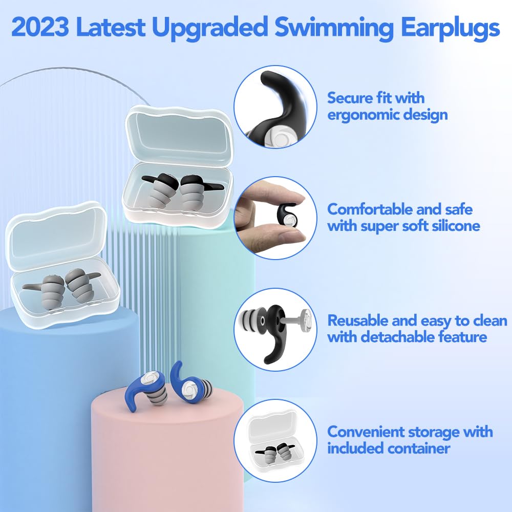 Waterproof Swimming Ear Plugs for Adults - 3 Pairs of Reusable Soft Silicone Swim Earplugs,Perfect for Surfing, Diving,Pool,Showering and Other Water Sports - Keep Water Out and Ear Protection