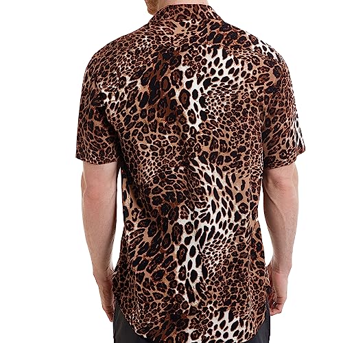 UPAAN Men's Leopard Printed Shirts Disco Short Sleeve Button Down Casual Shirt