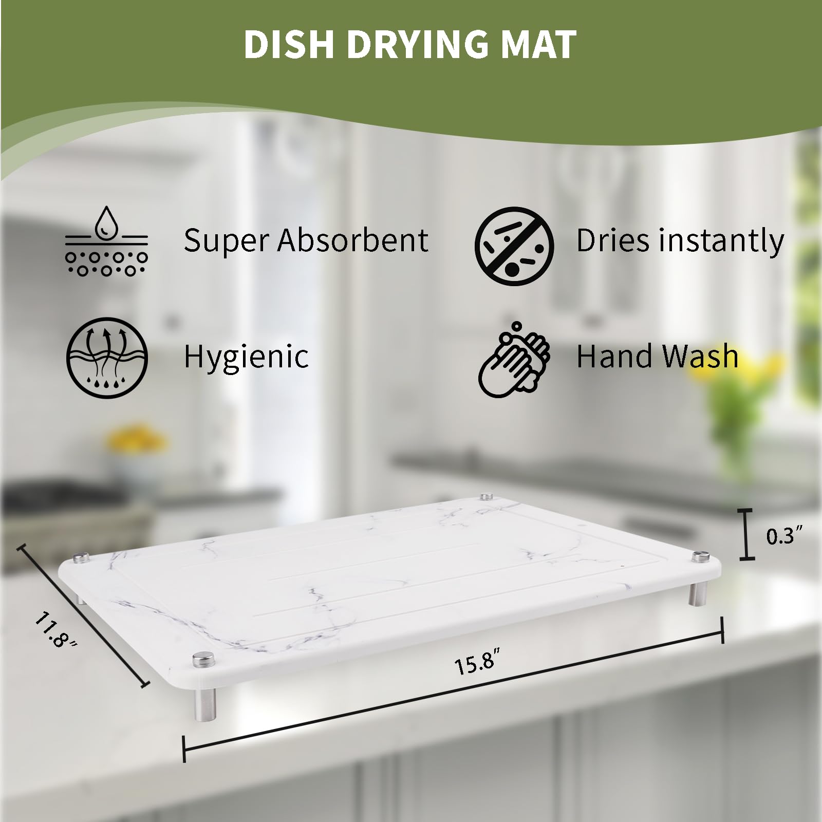 Fouwey Stone Drying Mat For Kitchen Counter,Coffee Mat,Ultra Absorbent, Fast Dry, Non-Slip, Heat Resistant Drying Stone For Counter（15.8x11.8 inch，White Marble）