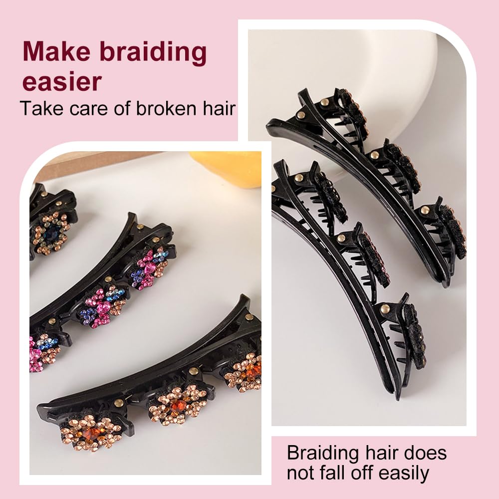 2 Pcs Sparkling Crystal Stone Braided Hair Clips, 2024 New Satin Fabric Hair Bands Rhinestone Four-Leaf Clover Hair Clip for Styling, Duck Bill Clips for Women Girls (C)