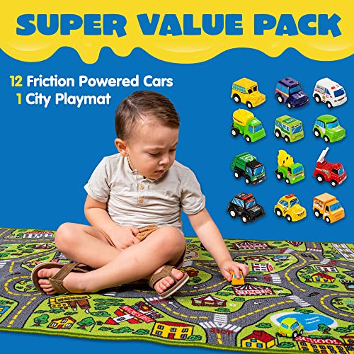 JOYIN Carpet Playmat w/ 12 Cars Pull-Back Vehicle Set for Kids Age 3+, Jumbo Play Room Rug, City Pretend Play