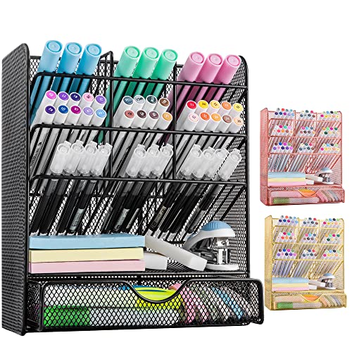 Spacrea Metal Pen Organizer, Pencil Holder for Desk, Desk Organizer with Drawer for School, Home, Art Supplies (Black)