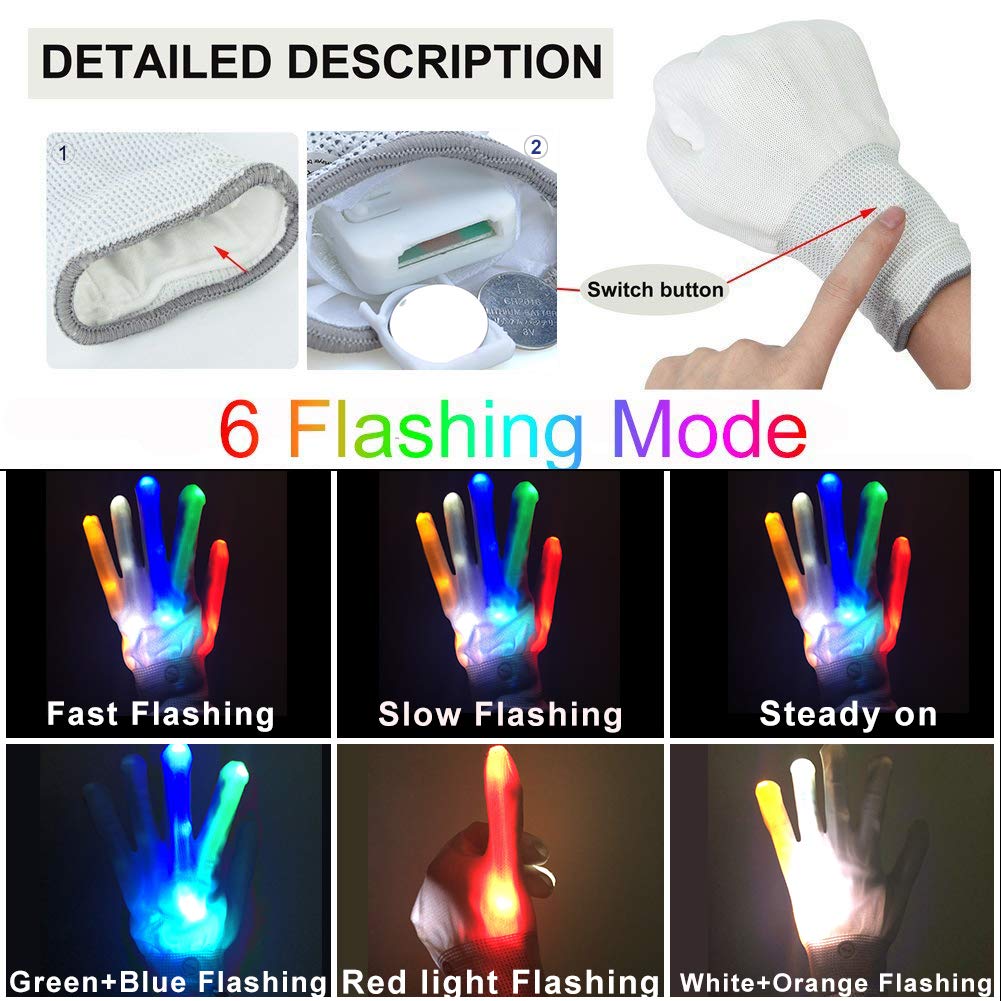 3 Pairs LED Gloves 6 Flash Mode Light Up Gloves Halloween Gloves for Boys Girls Kids Adults Gifts Glow in the Dark Party Favors Halloween Christmas Costume Birthday Clubbing Classroom Fun Toys Gift