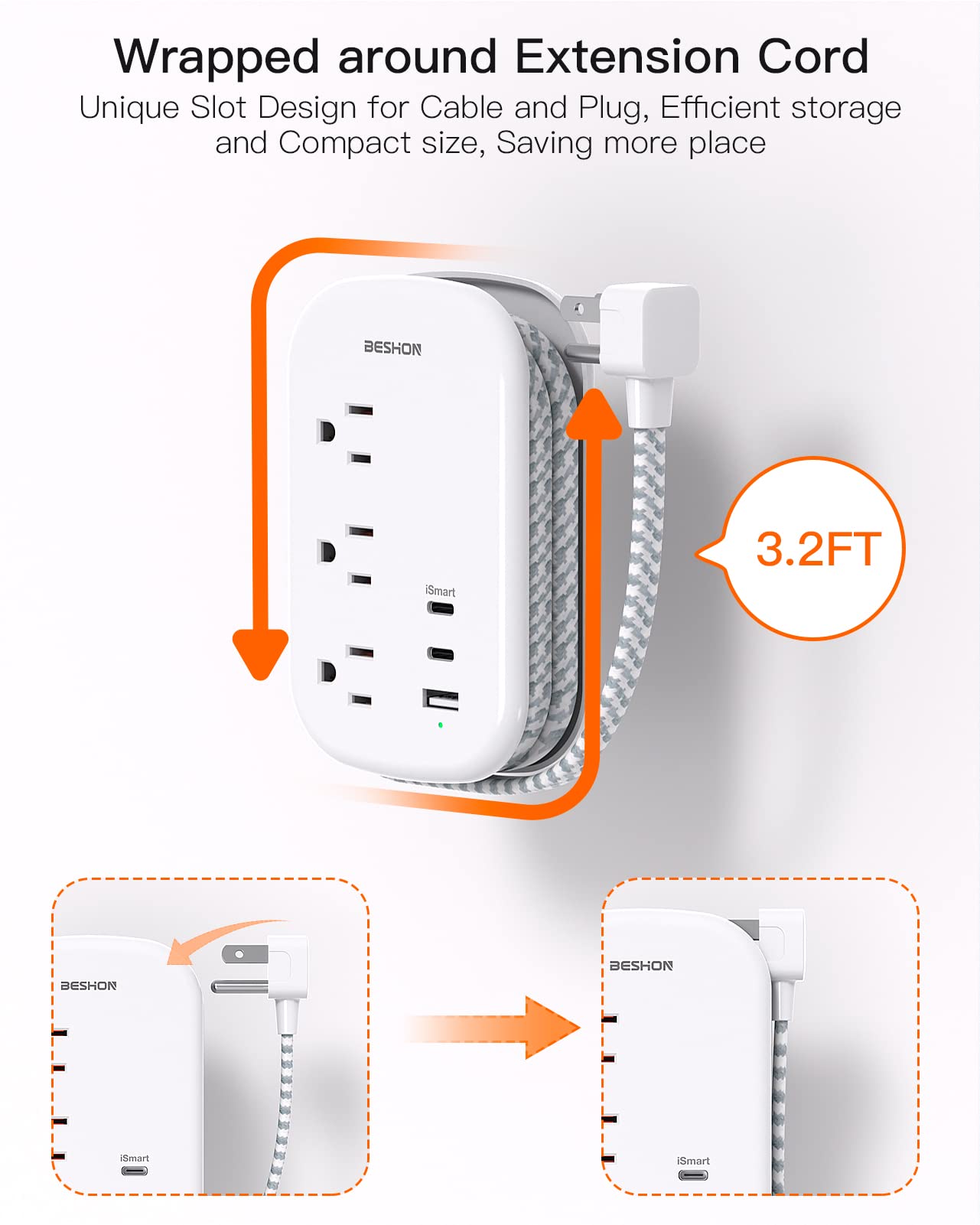 BESHON Flat Plug Power Strip, 3 Outlets with 3 USB Ports(2 USB C), Ultra Flat 3.2ft Wrapped Around Extension Cord for Cruise Ship, Travel, Dorm Room Essentials