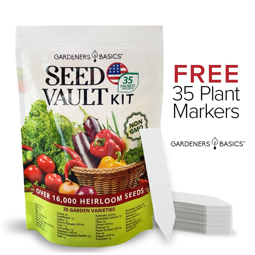 Gardeners Basics, Survival Vegetable Seeds Garden Kit Over 16,000 Seeds Non-GMO and Heirloom, Great for Emergency Bugout Survival Gear 35 Varieties Seeds for Planting Vegetables 35 Plant Markers