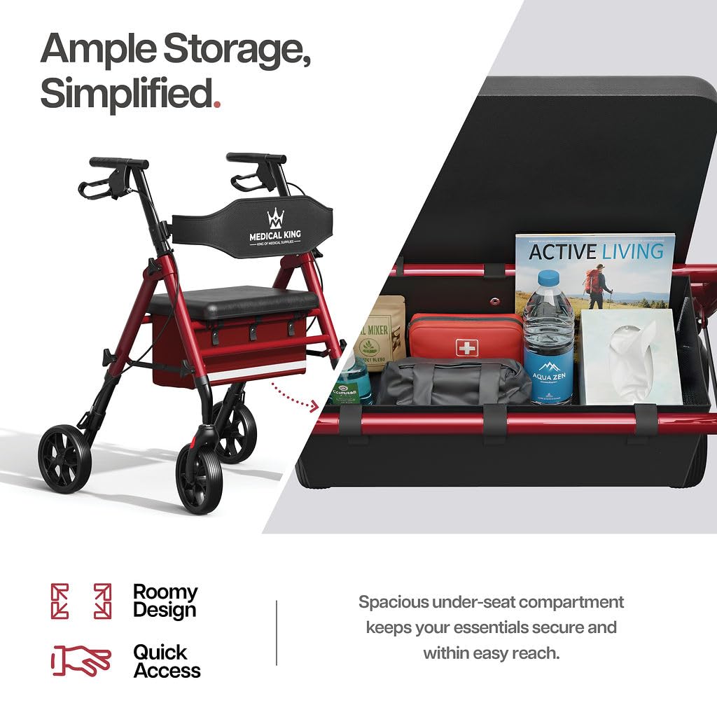 Walkers for Seniors with Seat Foldable Rollator Walker with 8" Wheels, Adjustable Handle Height, Comfortable Seat, 350 lb Capacity, Lightweight Rolling Walker with Storage Pouch - Red