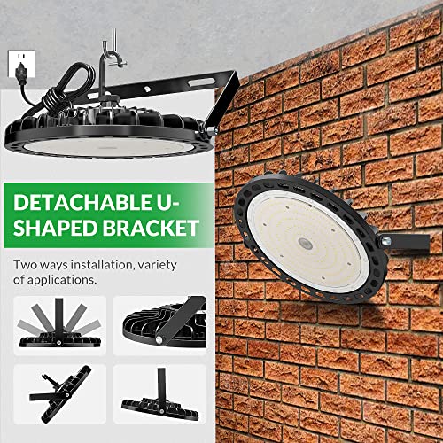 Flakeeper LED High Bay Light 100W 14000 LM with US Plug 5ft Cable, 5000K Daylight, IP65 Waterproof, UFO Commercial Industrial Warehouse Workshop Factory Barn Garage Area Lighting Fixture, 2PCS