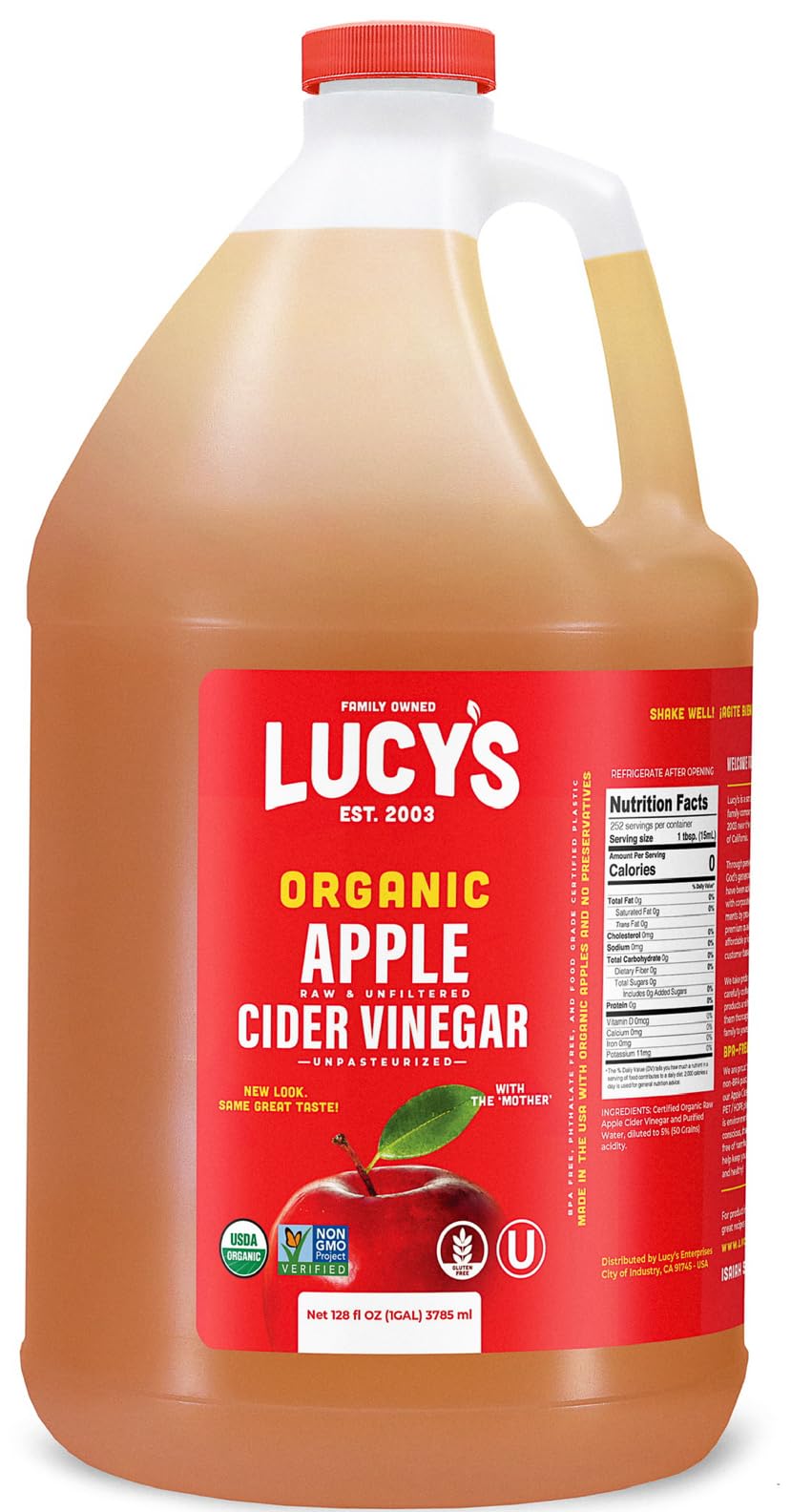 Lucy's Family Owned - GALLON SIZE, Organic, With the Mother, Apple Cider Vinegar, Unfiltered, Unpasteurized, NonGMO, and Raw