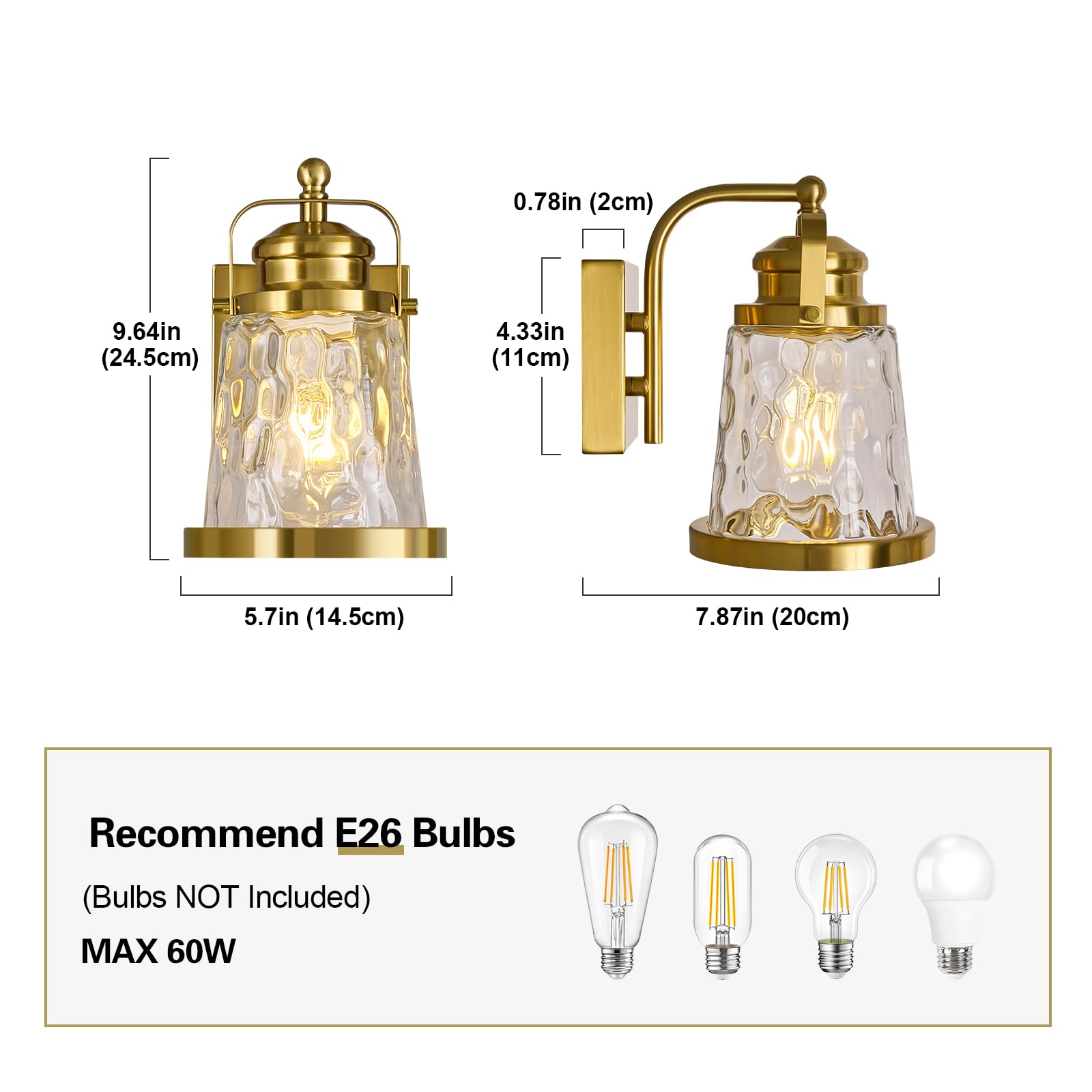 BNHHLZ Modern Wall Sconces Set of Two Indoor Wall Lamp Wall Sconces with Glass Wall Light Bathroom Vanity Light Fixtures Modern Industrial Gold Wall Mounted Room Sconce Wall Lighting