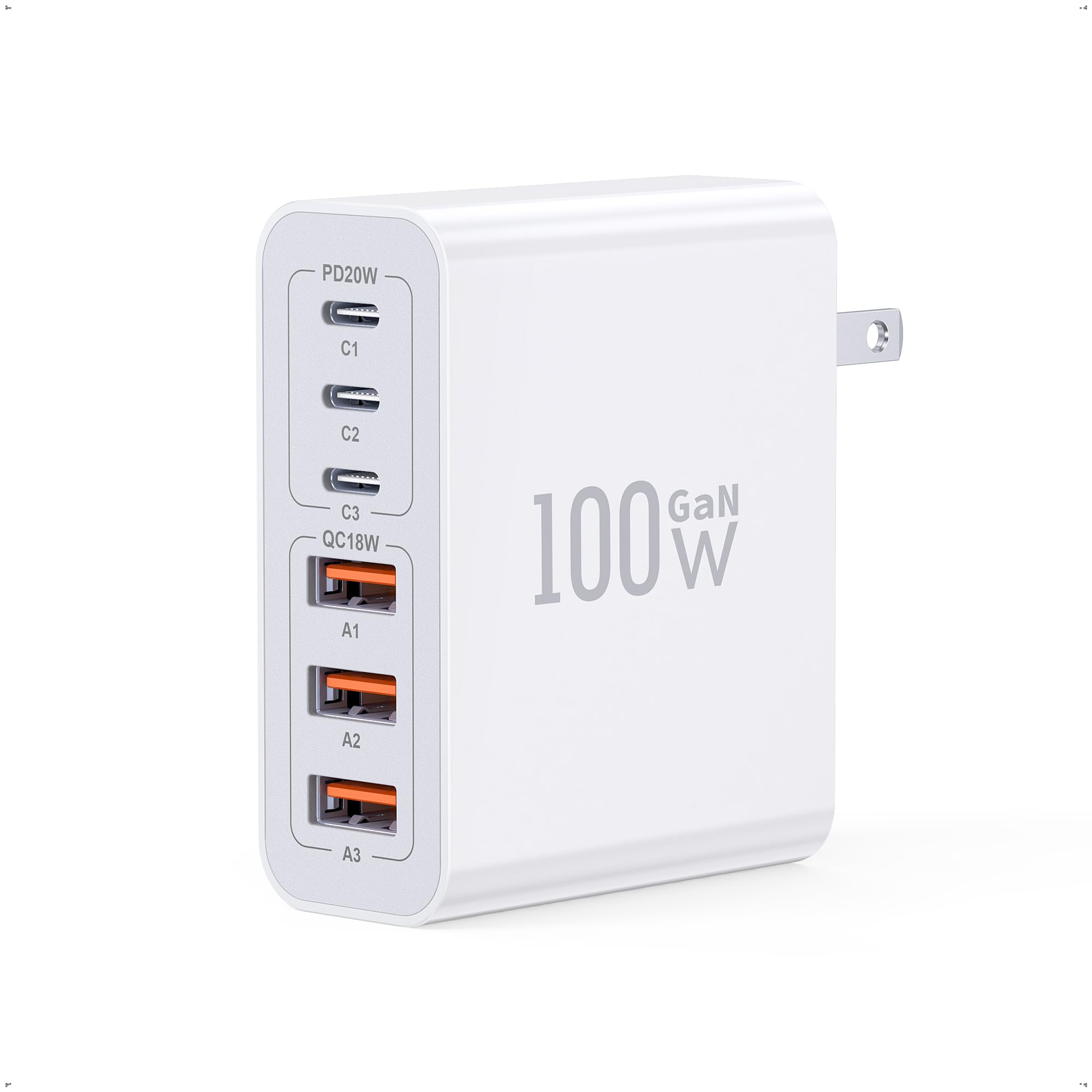 USB C Wall Charger, 100W 6-Port PD Fast USB C Charging Block,3USB C+3USB A Charging Station Hub Block Power Strip Adapter Plug Type C Cube Brick for iPhone 16/15/14/13/12/Pro Max,iPad,Samsung,Tablet