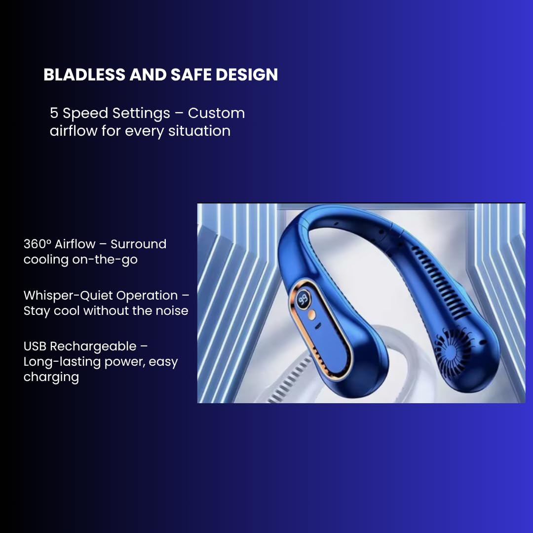 CasaCare Bladeless Neck Fan, 5-Speed USB Rechargeable Personal Fan, Hands-Free Wearable Cooling Device for Travel, Office, Outdoor Use for Women and Men