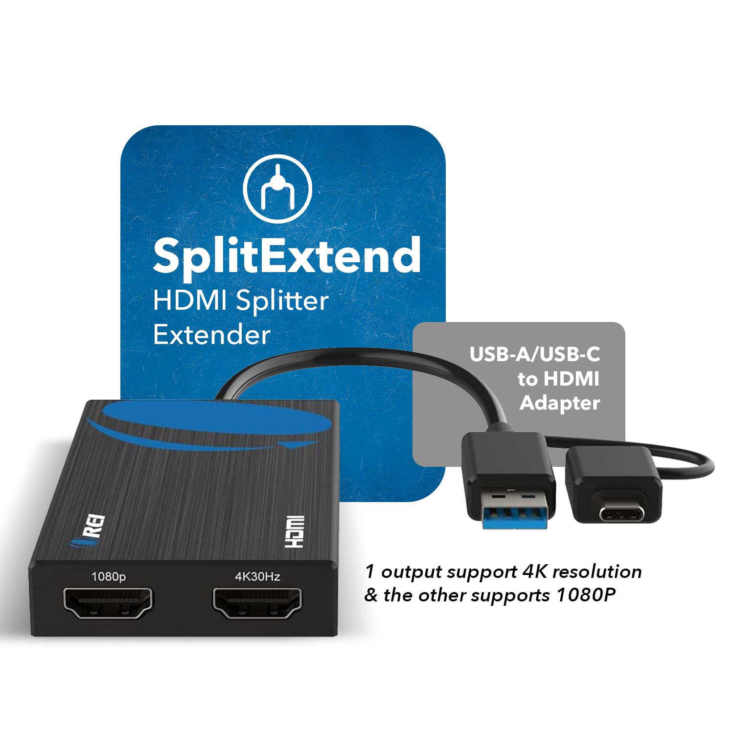 OREI SplitExtend HDMI Splitter Extended Display for Dual Monitor - Multi-Monitor Display 3 Separate Screens - USB A & USB-C Adapter to HDMI 2.0, 4K@30Hz Output 1, 1080p Output 2 for Windows, Mac OS G