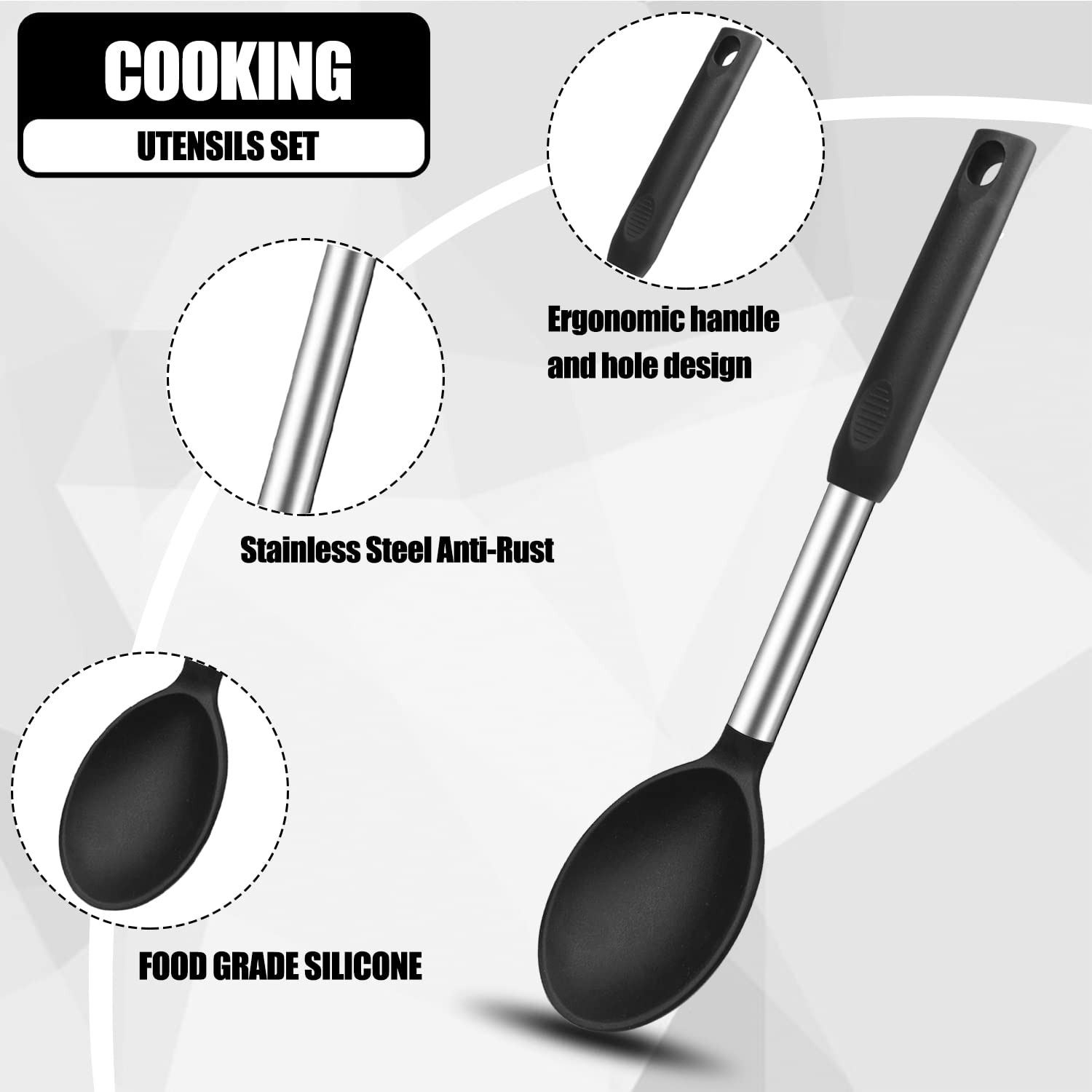 Beijiyi Silicone Spatula and Cooking Spoon, 4 Pack Non-Stick Cooking Utensils Set for Kitchen, Heat Resistant Solid & Slotted Spoons and Spatulas, Stainless Steel Handle with Silicone, Black