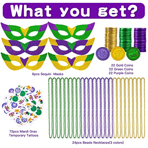 MGparty 168 PCS Mardi Gras Accessories - Masks Beads Necklaces Coins Tattoos Carnival Parade Masquerade Party Decorations Supplies