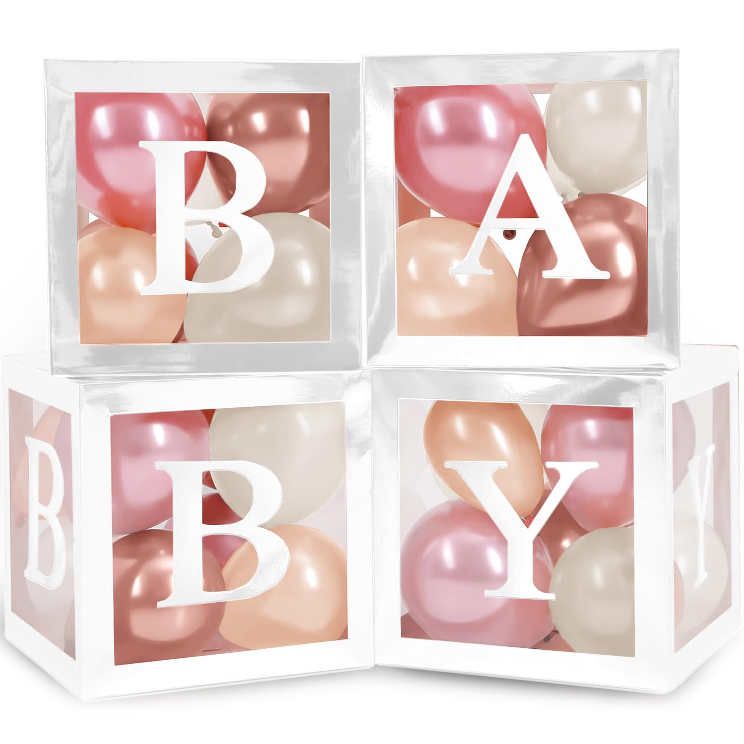 Balloon Garland Arch Kit – 146 Pcs Dusty Pink Balloons & Baby Shower Boxes with Letters – White Boxes with Rose Gold, Dusty Pink, Sand & White Balloons