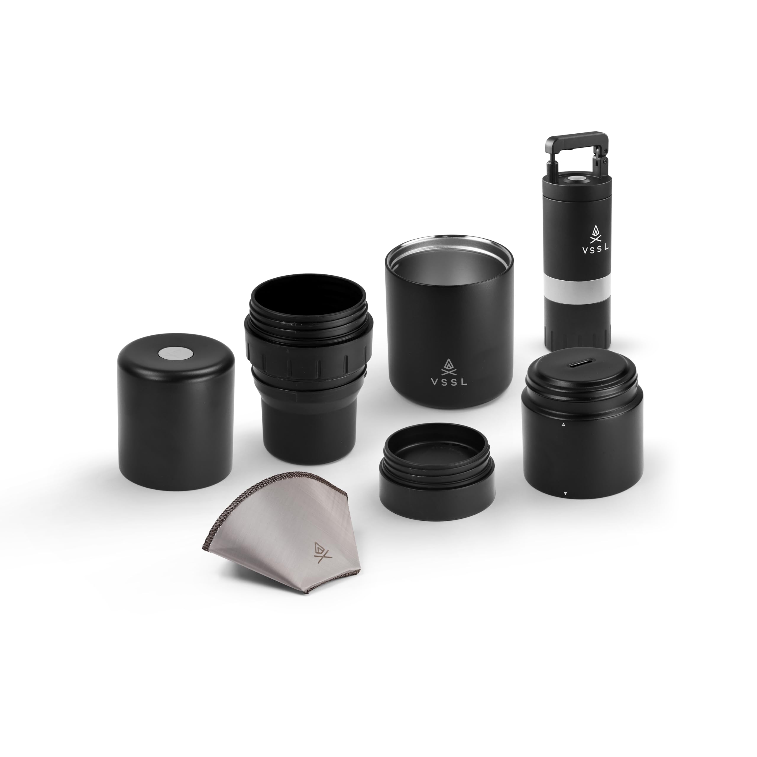 VSSL Nest Pour Over Coffee Kit + Java G25 Grinder Gift Set, Contains Two 10 Oz Mugs, Splash Proof Lid, Pour Over Coffee Dripper, Java G25 Grinder and Storage Connector, Black