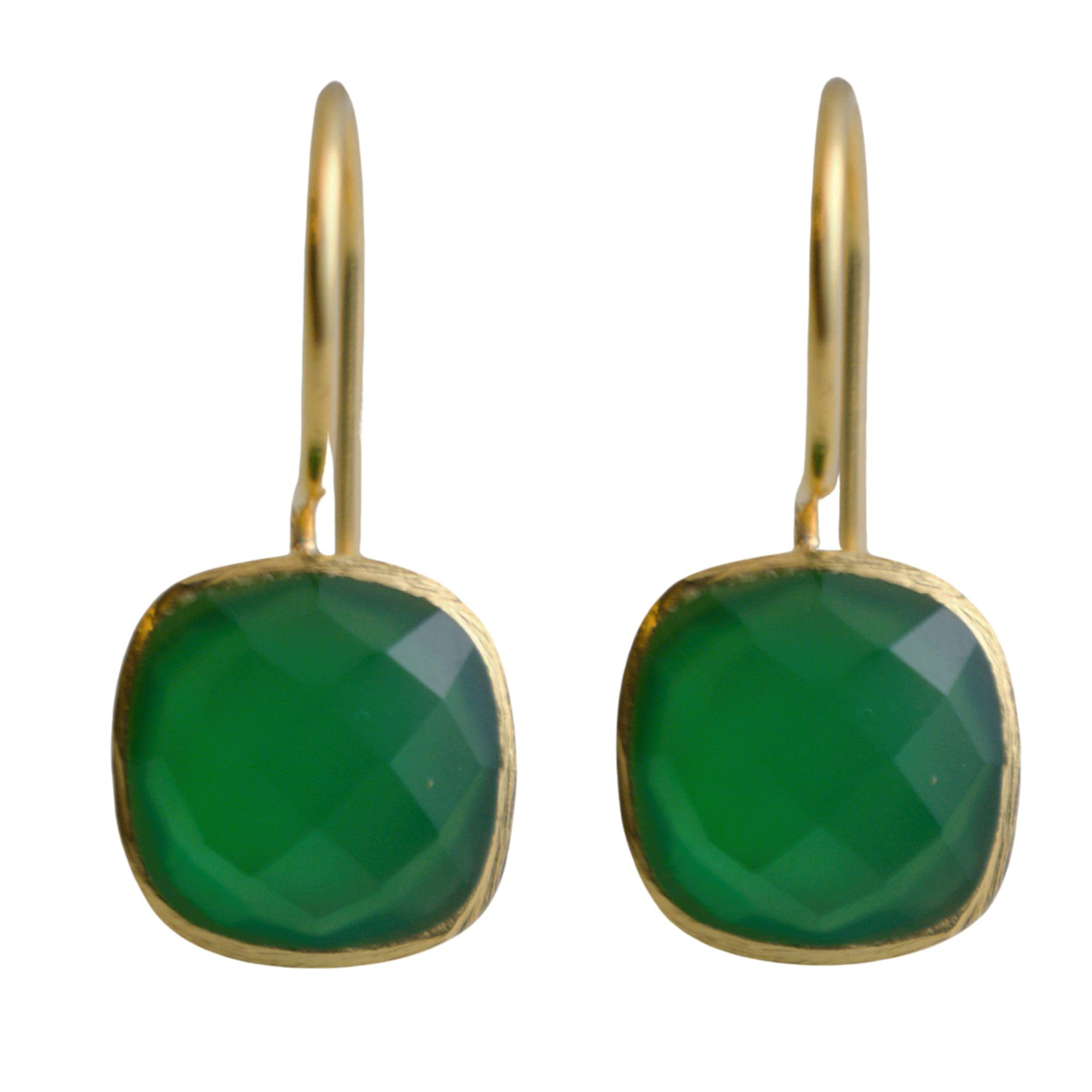 Cushion Cut Natural Green Onyx Gold Plated Sterling Silver Drop Dangle Earrings - Handmade Gemstone Jewelry Gift Ideas for Women (Green Onyx)