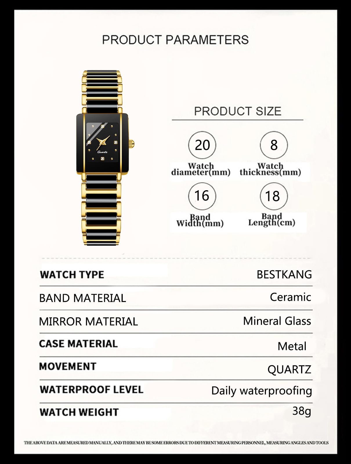 BESTKANG Vintage Square Ceramic Ladies Quartz Watch with Diamond Accents, Waterproof, Elegant Women's Wrist Watch (Black Gold)
