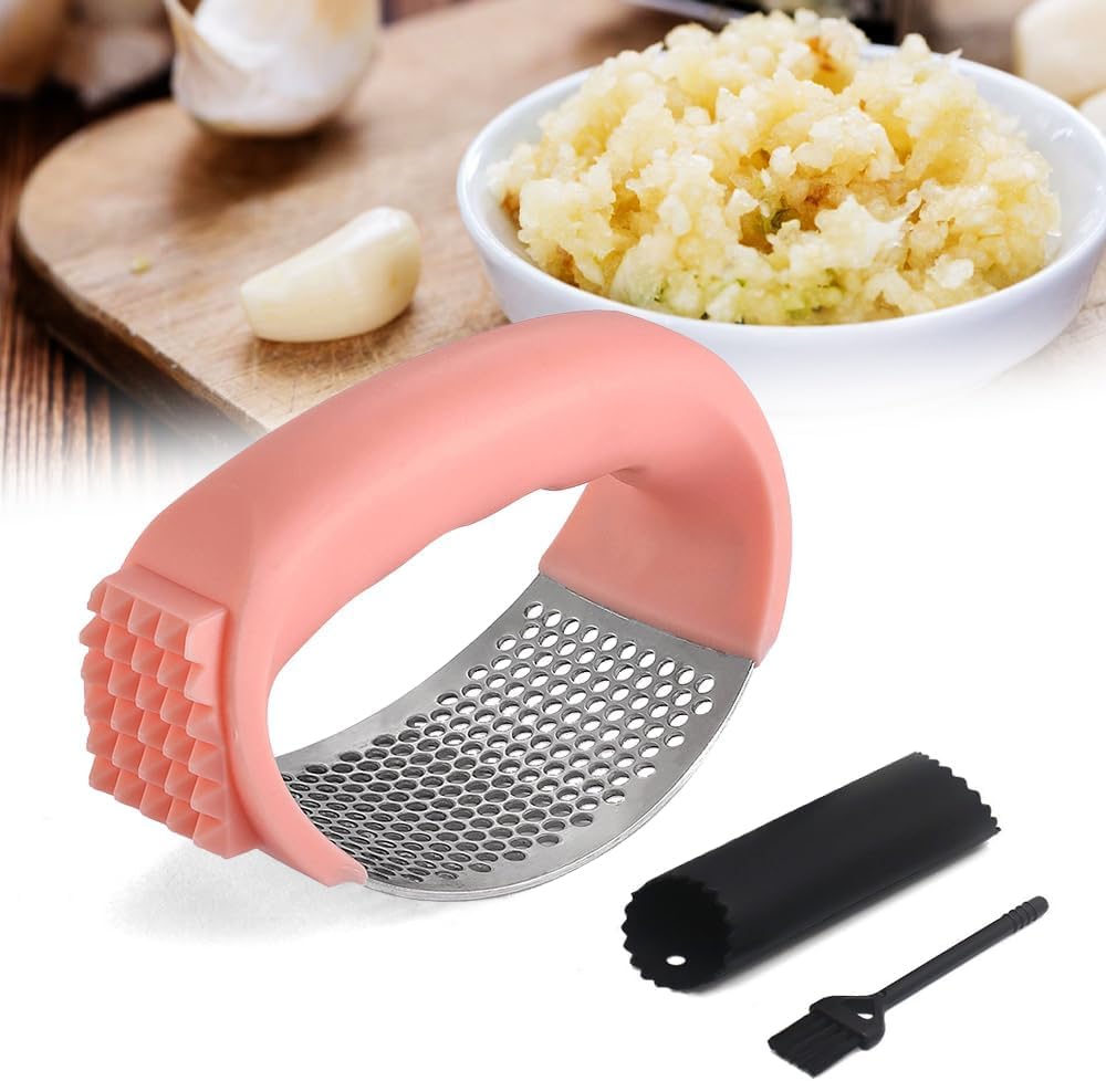 2025 New Upgraded Garlic Press Rocker, Stainless Steel Garlic Press, Garlic Crusher with Peeler and Cleaning Brush, Garlic Chopper for Crush Garlic Kitchen Gadgets, Kitchen Tools (Pink)