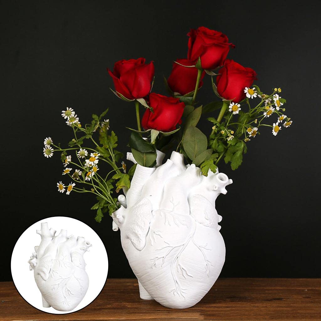 Prettyia Creative Vase, Anatomical Heart Flower Pot Sculpture Resin Statue, Modern Office Home Living Room Desktop Decoration, White 11.5x8x16.5CM