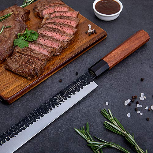 FAMCÜTE 12 Inch Slicing Carving Knife, 5 Layer 9CR18MOV Clad Steel w/octagon Handle brisket knife for Home Kitchen and Restaurant Slicing Brisket Turkey Meat