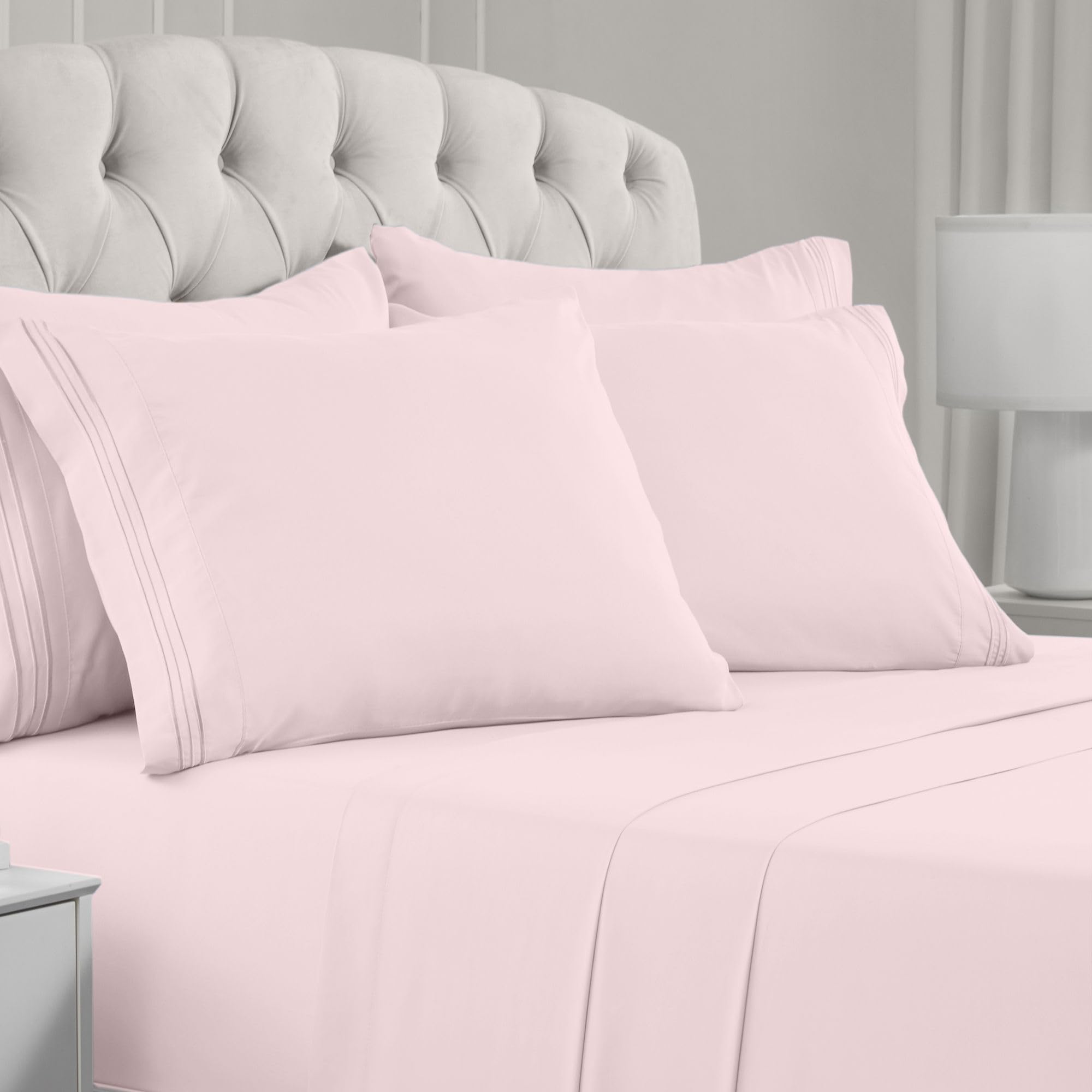 Mellanni Bedspread Coverlet Set + 6PC Sheets Set Bundle&Save - Iconic Collection Bedding - Bundle Includes: 3 Piece Oversized Quilt Set and 6 Piece Bed Sheet Set (King, Light Gray/Blush Pink)