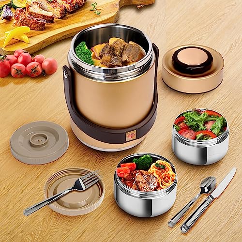 Pawovdeq 51 oz Adults Stainless Steel Vacuum Insulated Wide Mouth Soup Food Thermos Hot Food Jar with Keep Thermal Portable 2 Tier Stackable Bento Hot Food Containers Lunch Boxes (51 oz Gold)