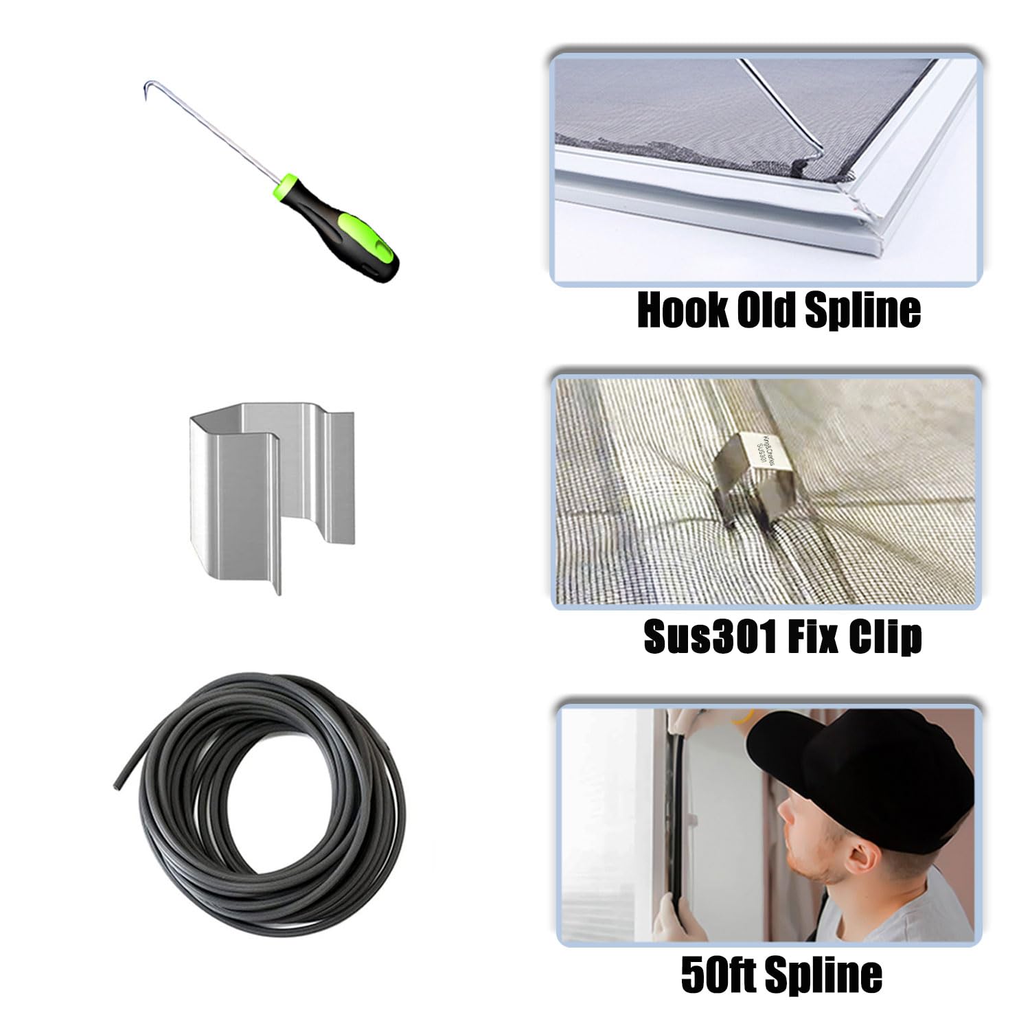 Window Screen Door Repair Kit, King&Charles Include Window Screens 48"x118"+ 2 Roller+50Ft Spline+8Clips+Hook, 6 in 1 Window Screen Replacement, Black Window Screen Mesh, Steel/Nylon Bearing Roller