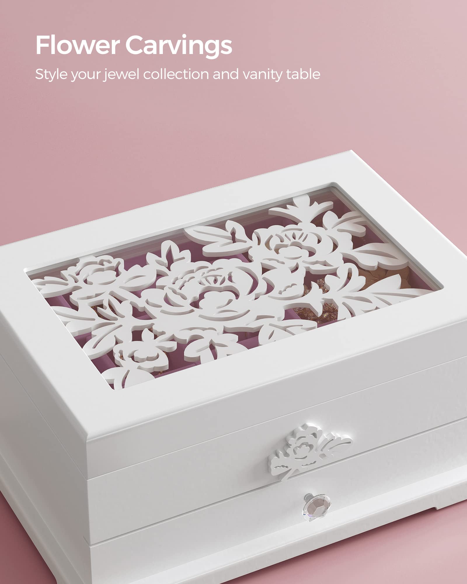 SONGMICS Jewelry Box, 2-Tier Jewelry Organizer with Flower Carvings, Drawer, Gift for Loved Ones, Kids, Jewelry Storage Case for Rings, Earrings, Necklaces, Bracelets, White UJOW201