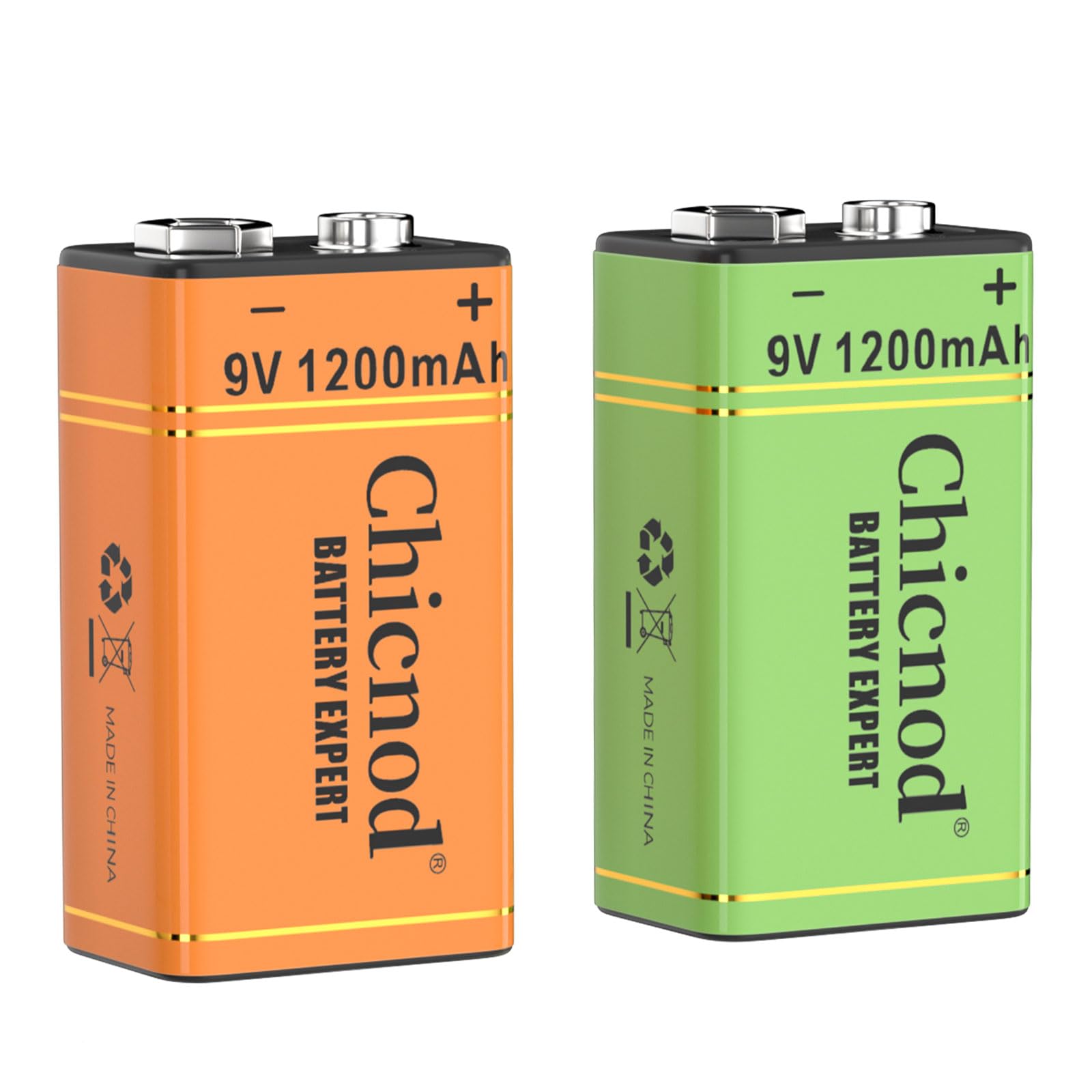 CHICNOD 2pack of Rechargeable 9volt Batteries-Lithium ion 9v Battery 1200mAh Orange+Green 2 Colored 9 Volt Lithium Battery for Smoke Alarms Toys Walkie-Talkie ect.