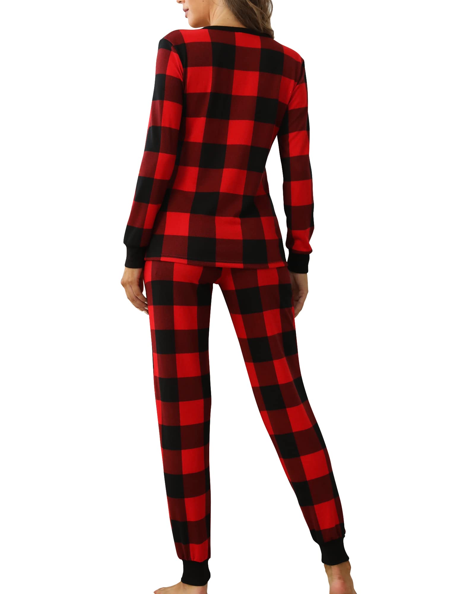 Smile Fish Womens Christmas Pajamas Set Long Sleeve Henley Neck Buffalo Plaid PJS Joggers Pants Loungewear Cotton Blend Red Black,M