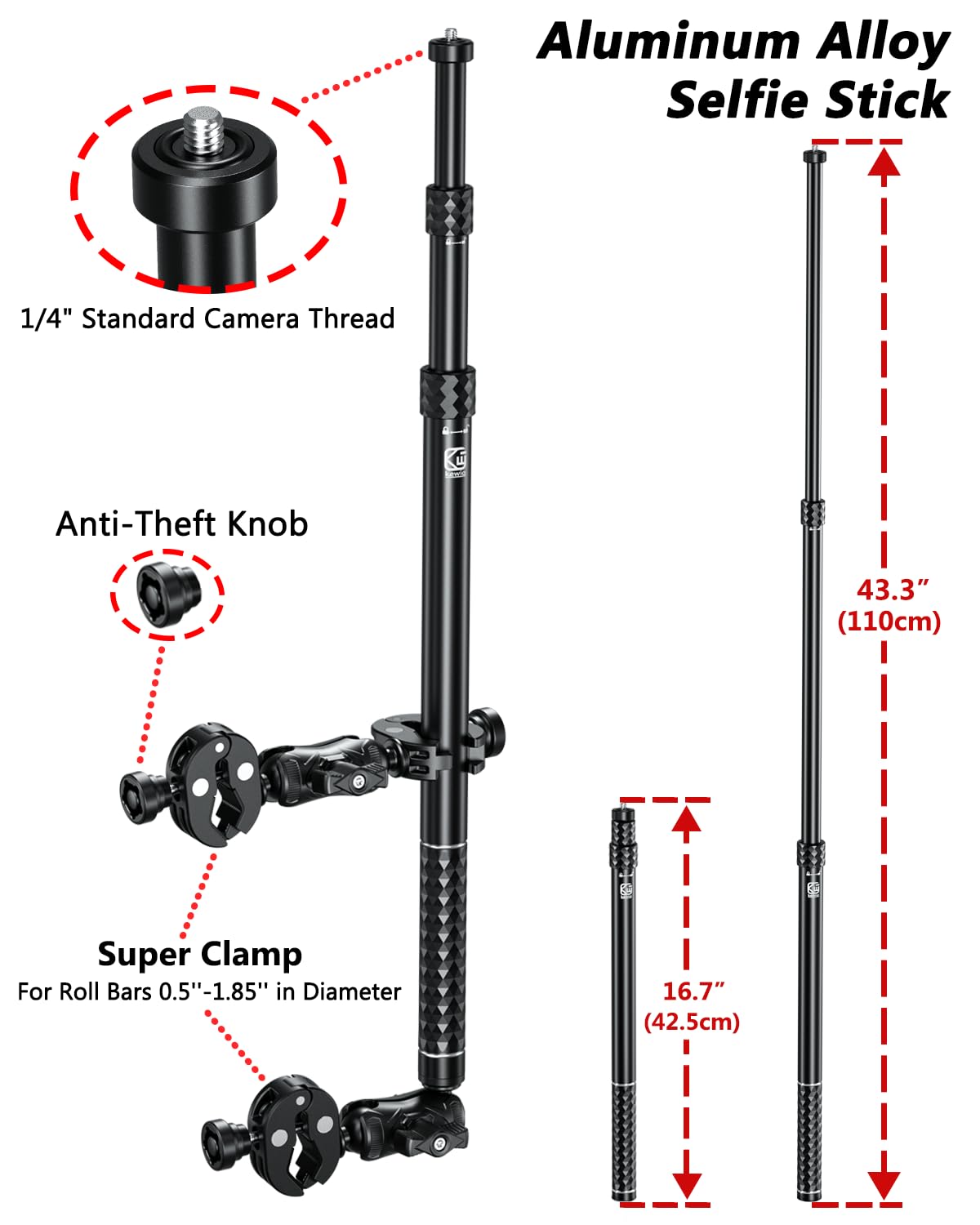 Motorcycle Action Camera Mount Kit for Gopro & Insta360, Aluminum Alloy Selfie Stick with Anti-Theft Mounting Base, 360° Rotating Extendable Flag Pole Clamp Mount Fit on ATV UTV Bike Motorcycle