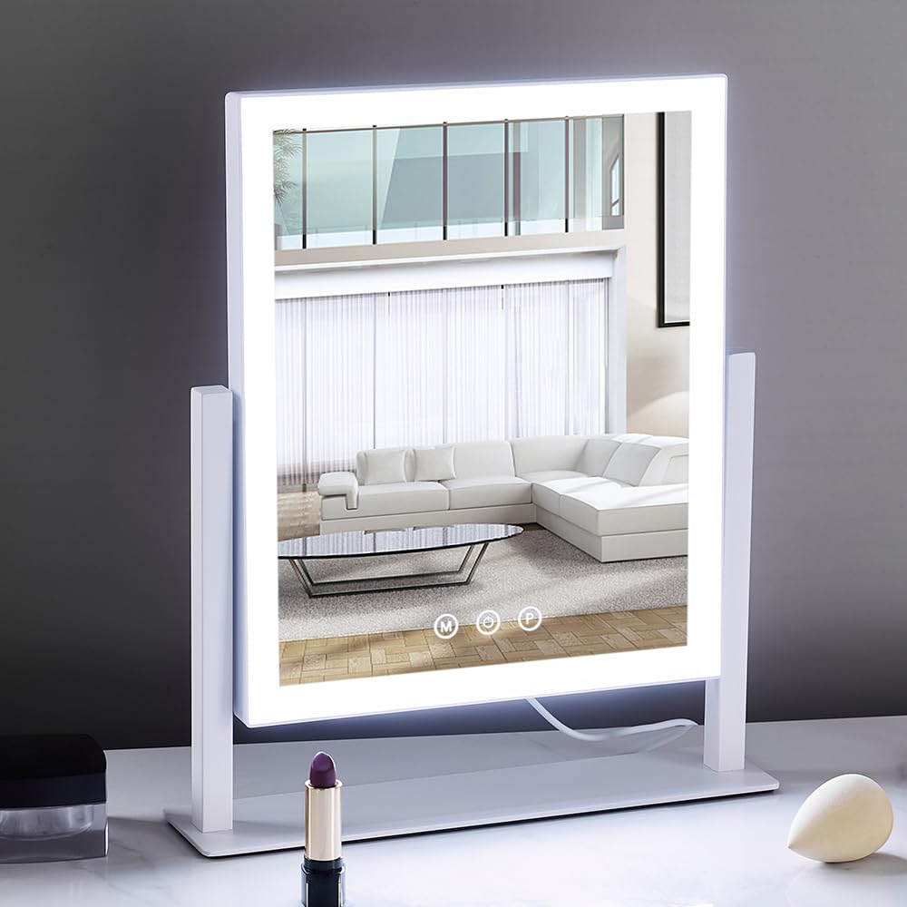 HIEEY Lighted Makeup Mirror, Hollywood Vanity Mirror with Lights, Three Color Lighting Modes, and 5X Magnification Mirror, Smart Touch Control, 360°Rotation (14.1in,White,Gift Box)