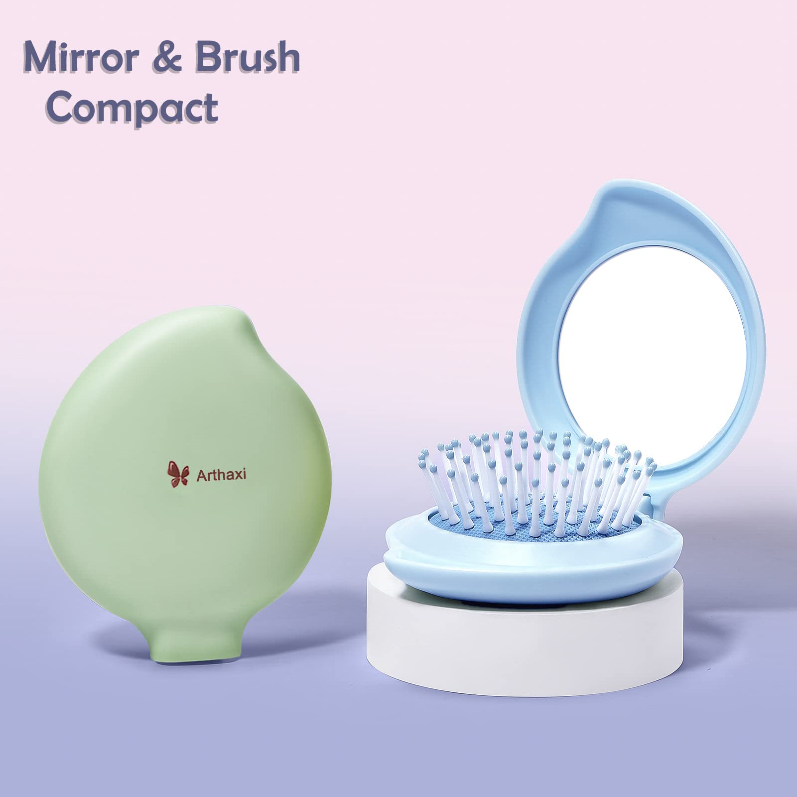 Arthaxi Hair Brush with Mirror, Compact Mirror with Mini Hair Brush Set, Folding Hairbrush for Women, Small Hair Comb with Mirror Combo, Blue