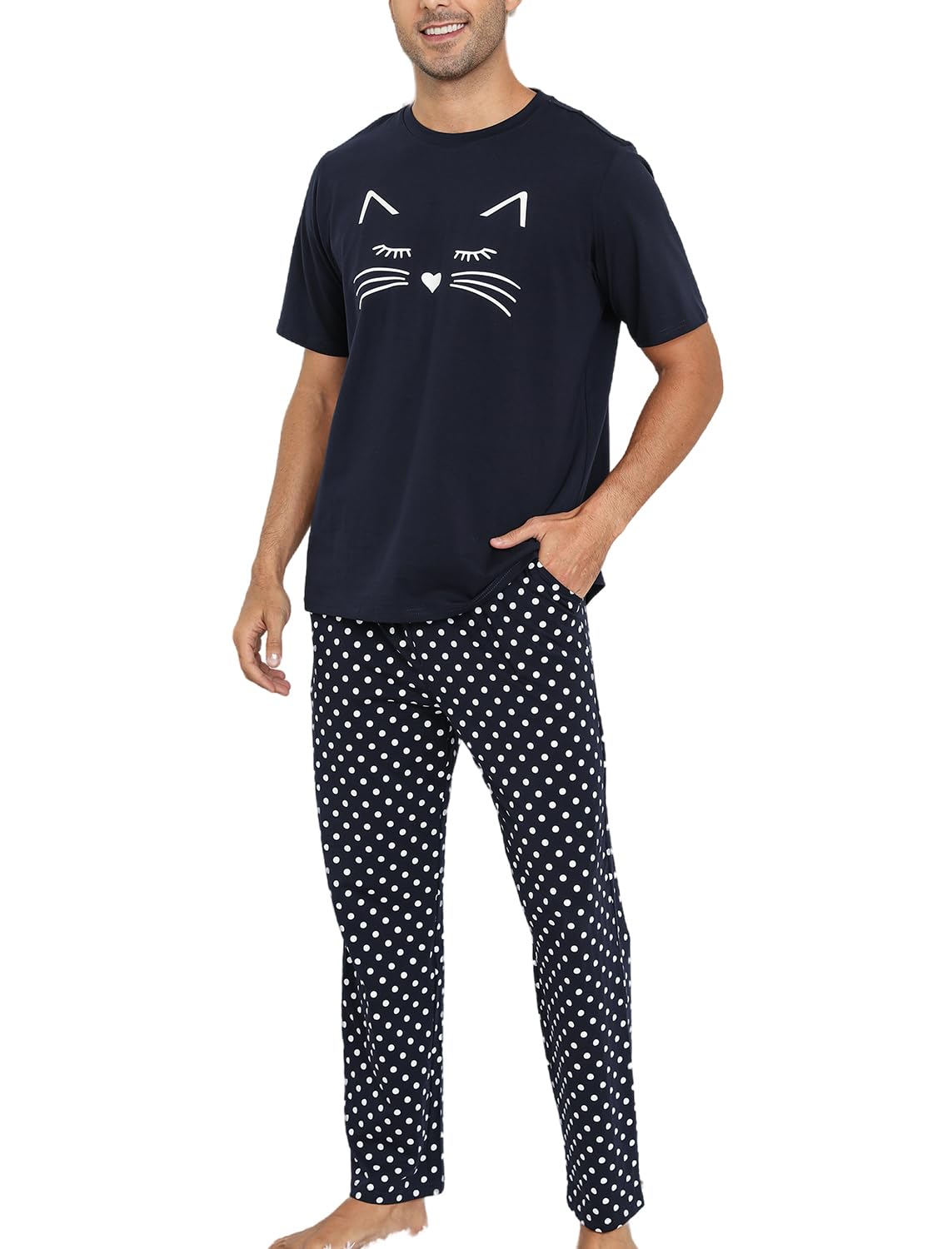 EISHOPEER Men's Cotton Cute Printed Sleepwear Top & Long Sleeve Bottom Pajama Lounge Set Navy Blue Large