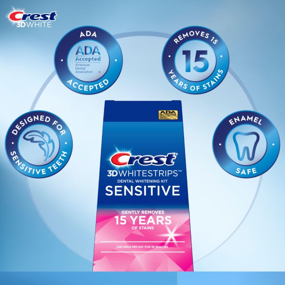 Crest 3D Whitestrips Sensitive At-Home Teeth Whitening Kit, 18 Treatments, Gently Removes 15 Years of Stains, Crest Whitestrips, Teeth Whitening Kit