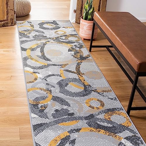 Rugshop Distressed Modern Circles Stain Resistant Soft Runner Rug 2' x 7' Yellow