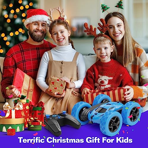 QUNREDA Remote Control Car, RC Cars Toys for Kids Ages 6-12, 4WD Stunt Car with LED Lights & 360° Flips, 2.4GHz, Upgraded USB-C Modular Batteries, for 8-10 Year Old Boys 1-Blue