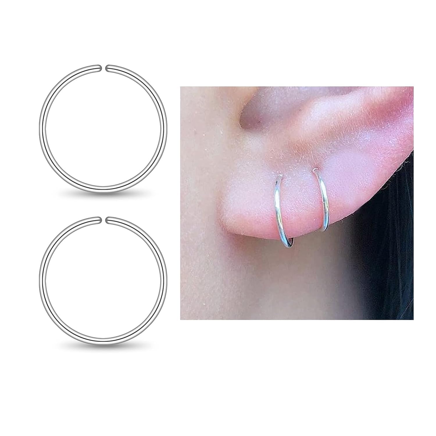 7mm Small Sterling Silver Cartilage Nose Hoop Earrings for Women