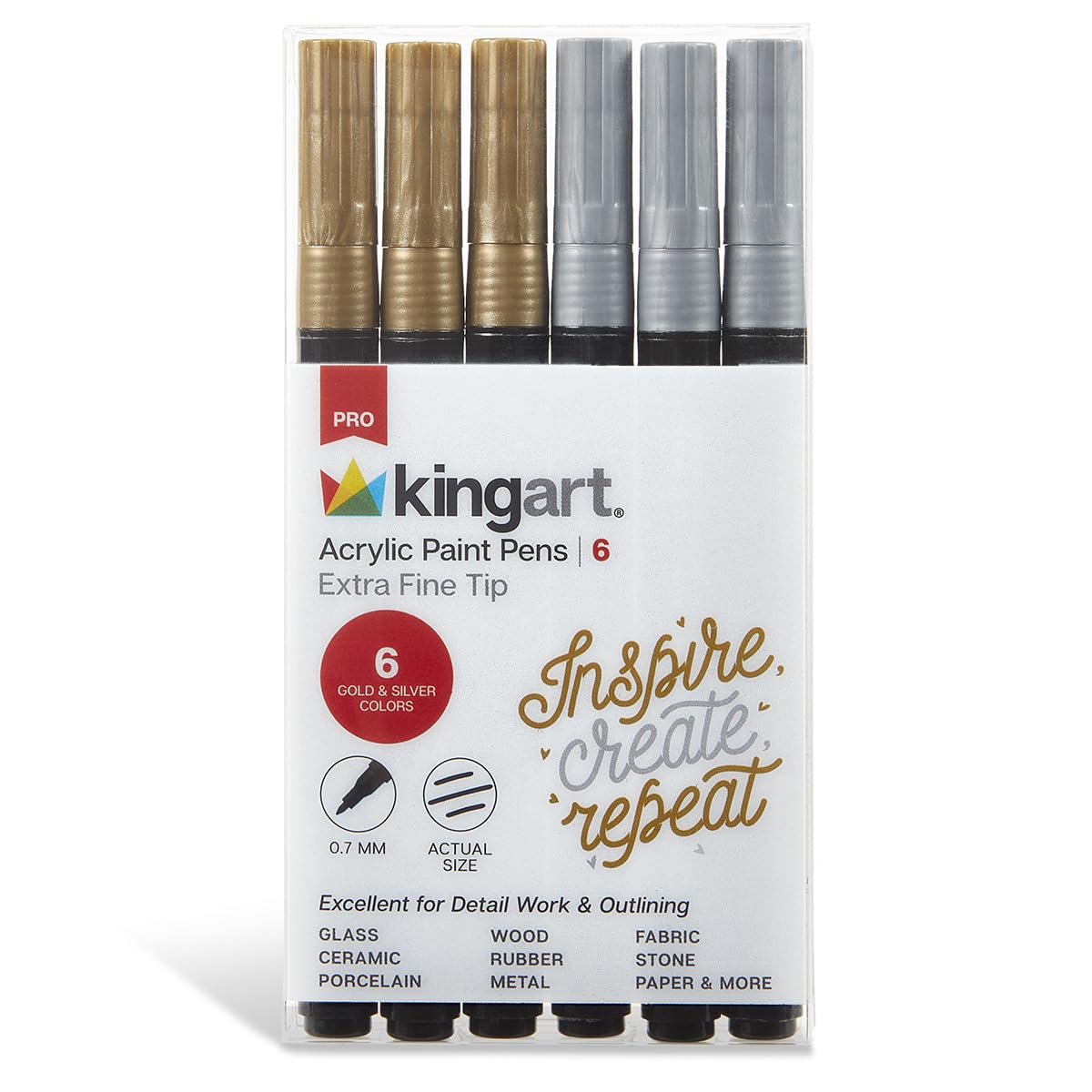 KINGART 453-6B PRO Extra Fine Pt. Metallic Gold & Silver Paint Pens, 0.7mm Tip, 6 Acrylic Paint Markers, Low-Odor & Quick Drying for Rock, Wood, Metal, Plastic, Glass, Ceramic & More, Set of 6