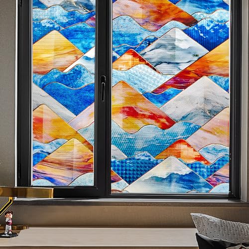 Coavas Stained Glass Window Privacy Film for Glass Upgrade Decorative Bathroom Window Cling Non Adhesive 3D Rainbow Colorful Sticker Static Cling Door Privacy Film Day and Night Rainbow,17 x 39.4inch